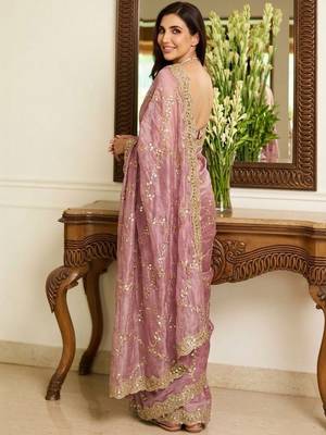Pink embellished sarees with unstitched blouse piece 2
