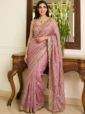 Pink embellished sarees with unstitched blouse piece 3
