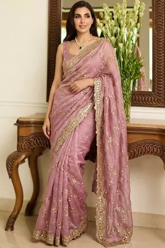 Pink embellished sarees with unstitched blouse piece