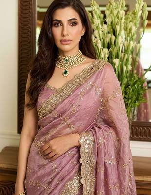 Pink embellished sarees with unstitched blouse piece 4