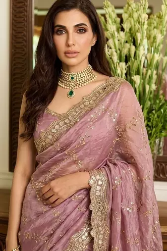 Pink embellished sarees with unstitched blouse piece