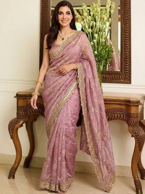 Pink embellished sarees with unstitched blouse piece 5