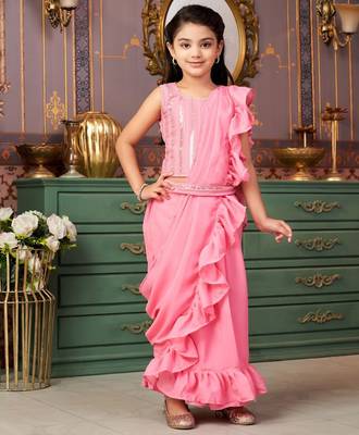 Pink girls solid embroidered sequined saree with blouse 1