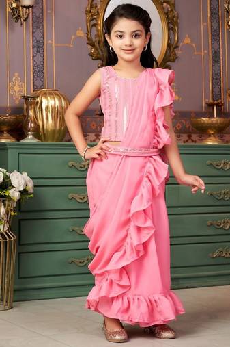 Pink girls solid embroidered sequined saree with blouse
