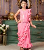 Pink girls solid embroidered sequined saree with blouse
