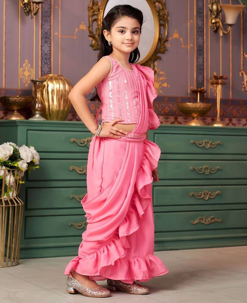Pink girls solid embroidered sequined saree with blouse