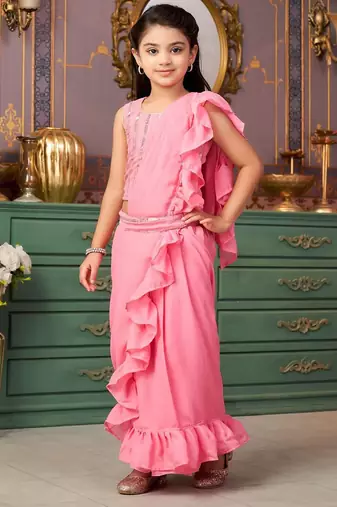 Pink girls solid embroidered sequined saree with blouse