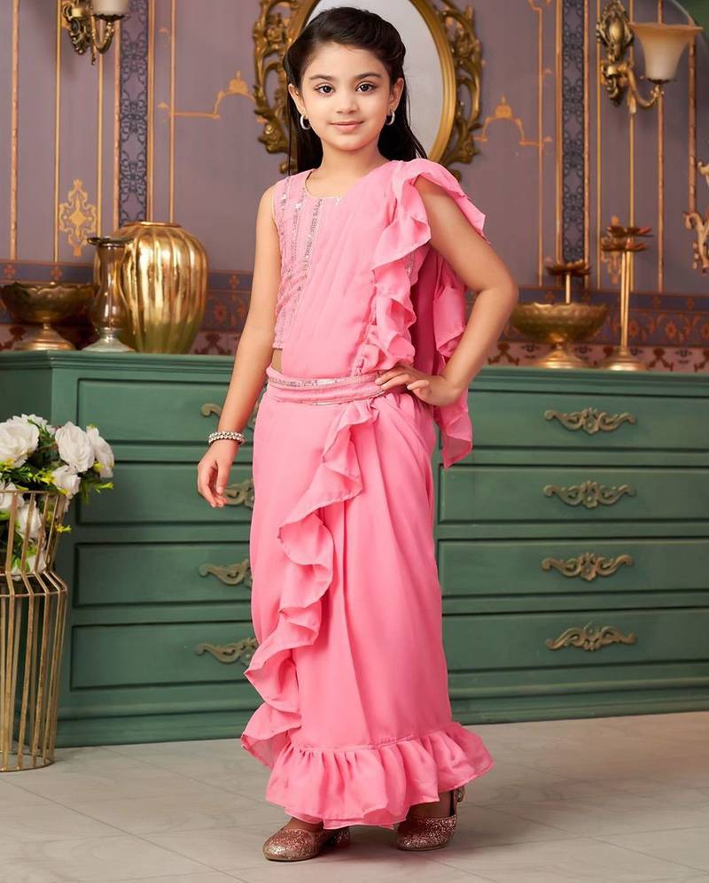 Pink girls solid embroidered sequined saree with blouse