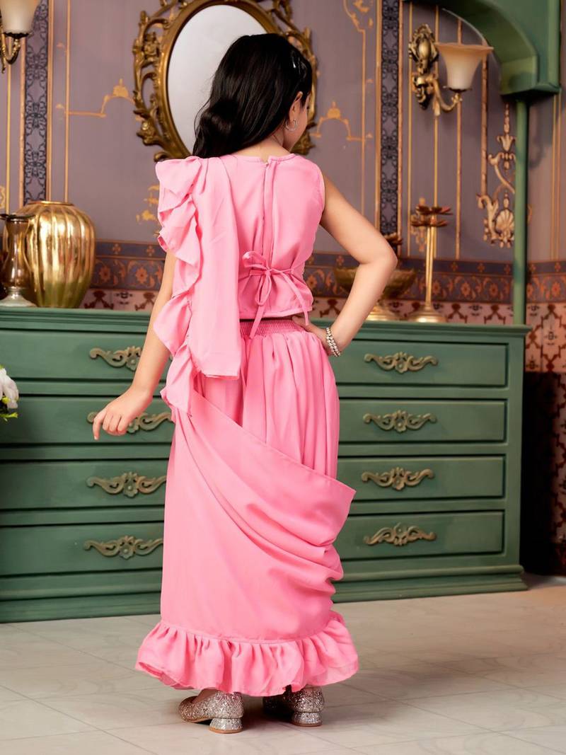 Pink girls solid embroidered sequined saree with blouse