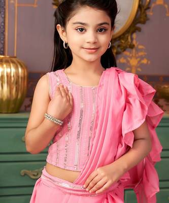Pink girls solid embroidered sequined saree with blouse 5