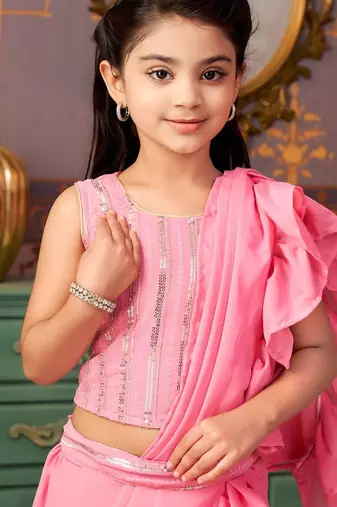 Pink girls solid embroidered sequined saree with blouse