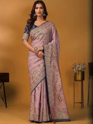 Mauve paisley printed banarasi saree with unstitched blouse piece 1