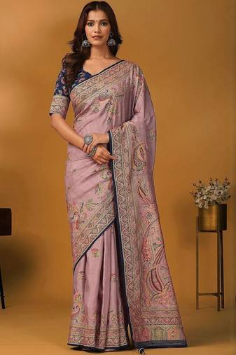 Mauve paisley printed banarasi saree with unstitched blouse piece