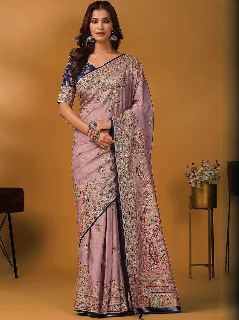 Mauve paisley printed banarasi saree with unstitched blouse piece