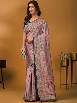 Mauve paisley printed banarasi saree with unstitched blouse piece 4