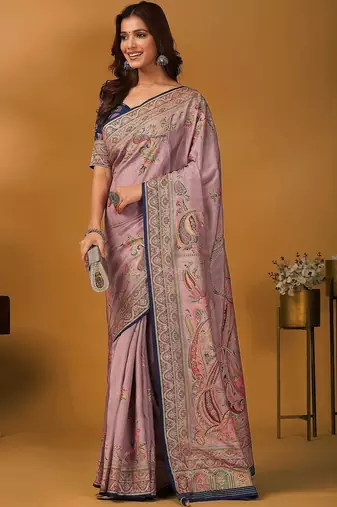 Mauve paisley printed banarasi saree with unstitched blouse piece