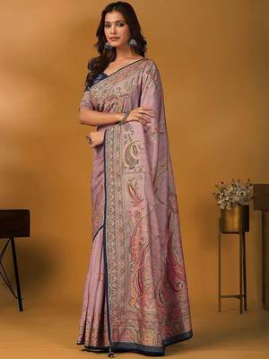 Mauve paisley printed banarasi saree with unstitched blouse piece 5