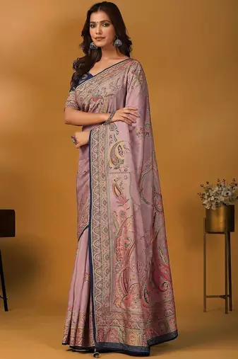 Mauve paisley printed banarasi saree with unstitched blouse piece