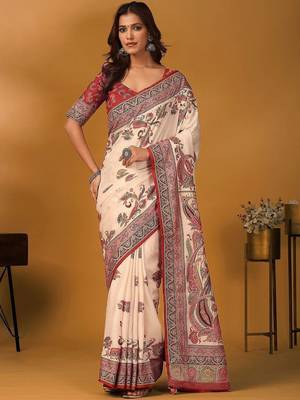 Off white paisley printed banarasi saree with unstitched blouse piece 1
