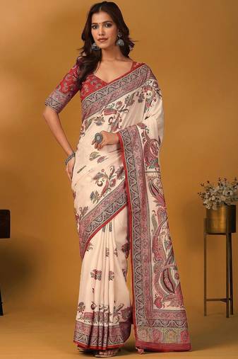 Off white paisley printed banarasi saree with unstitched blouse piece
