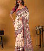 Off white paisley printed banarasi saree with unstitched blouse piece