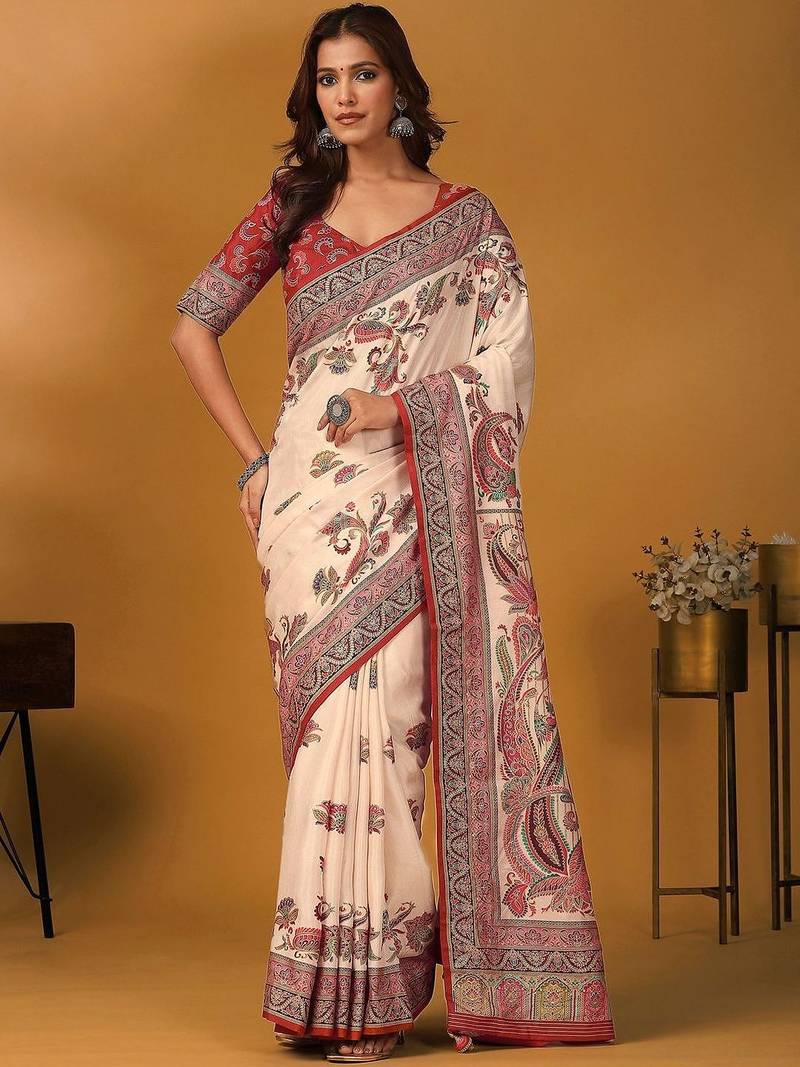 Off white paisley printed banarasi saree with unstitched blouse piece