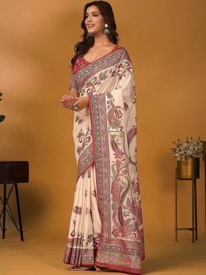 Off white paisley printed banarasi saree with unstitched blouse piece 3
