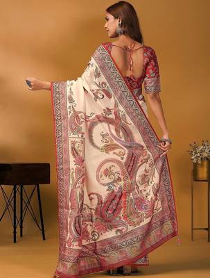 Off white paisley printed banarasi saree with unstitched blouse piece 4