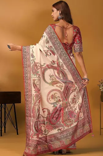 Off white paisley printed banarasi saree with unstitched blouse piece