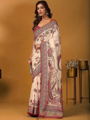 Off white paisley printed banarasi saree with unstitched blouse piece 5