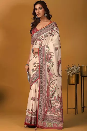 Off white paisley printed banarasi saree with unstitched blouse piece