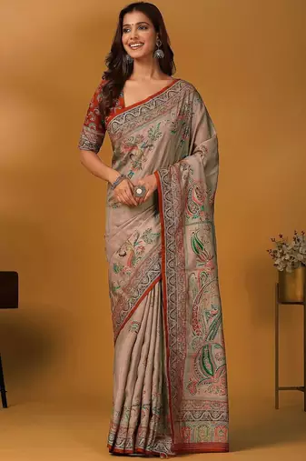 Beige paisley printed banarasi saree with unstitched blouse