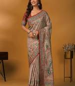 Beige paisley printed banarasi saree with unstitched blouse