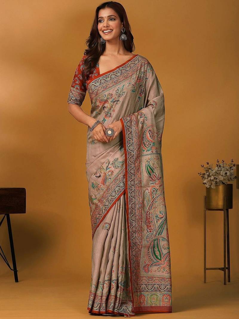Beige paisley printed banarasi saree with unstitched blouse