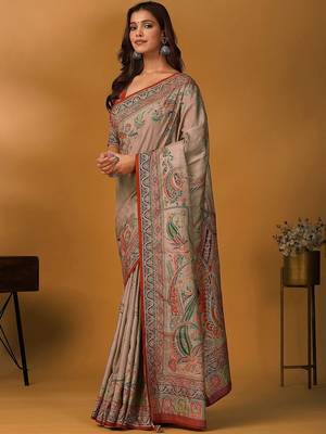 Beige paisley printed banarasi saree with unstitched blouse 3