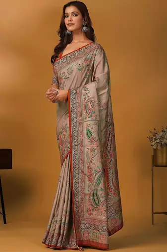 Beige paisley printed banarasi saree with unstitched blouse