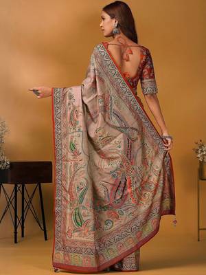 Beige paisley printed banarasi saree with unstitched blouse 4