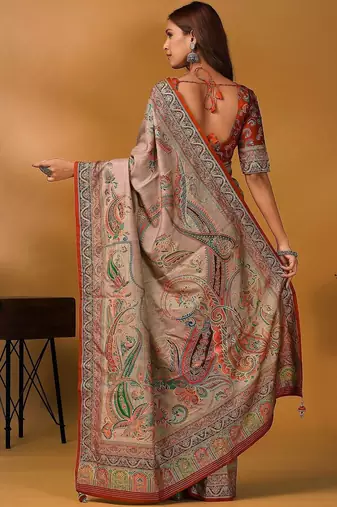 Beige paisley printed banarasi saree with unstitched blouse