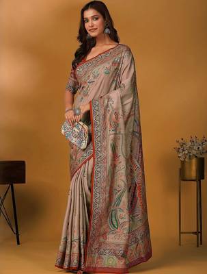 Beige paisley printed banarasi saree with unstitched blouse 5
