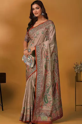 Beige paisley printed banarasi saree with unstitched blouse