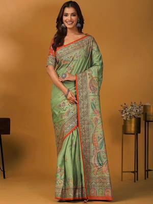 Green paisley printed banarasi saree with unstitched blouse piece 1