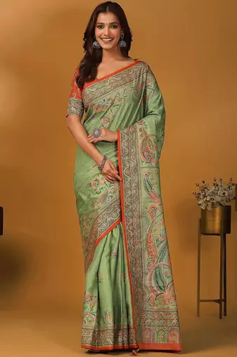 Green paisley printed banarasi saree with unstitched blouse piece