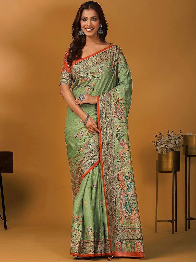 Green paisley printed banarasi saree with unstitched blouse piece