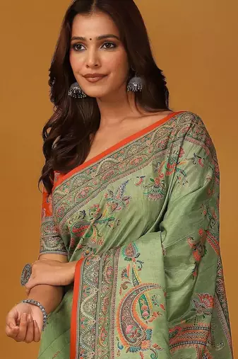 Green paisley printed banarasi saree with unstitched blouse piece