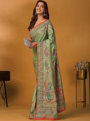 Green paisley printed banarasi saree with unstitched blouse piece 3