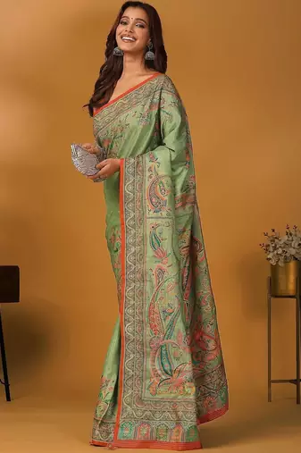 Green paisley printed banarasi saree with unstitched blouse piece