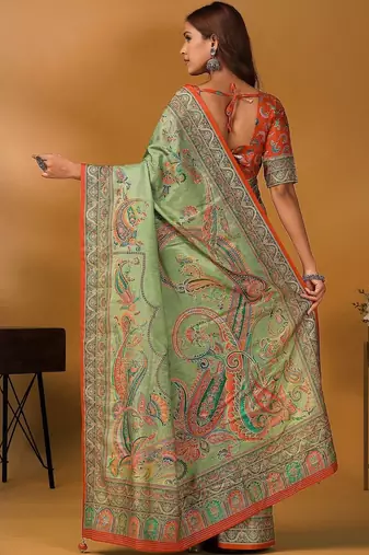Green paisley printed banarasi saree with unstitched blouse piece