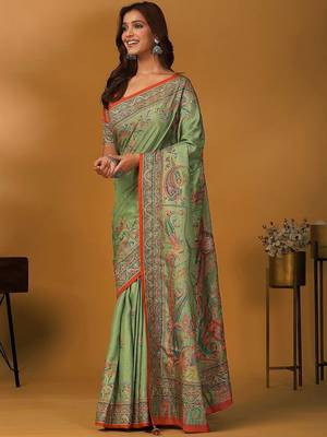 Green paisley printed banarasi saree with unstitched blouse piece 5