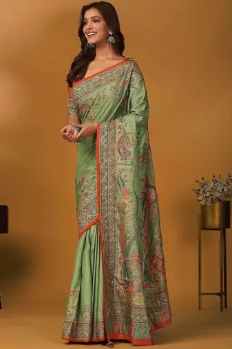 Green paisley printed banarasi saree with unstitched blouse piece