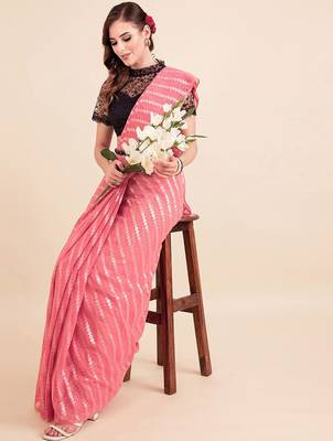 Pink pink-coloured poly chiffon striped leheriya embellished saree 1